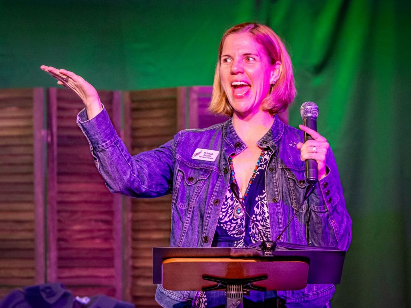 Rebekah Brooks of Carteret Community Theatre on stage at Winter Hauntings 2025